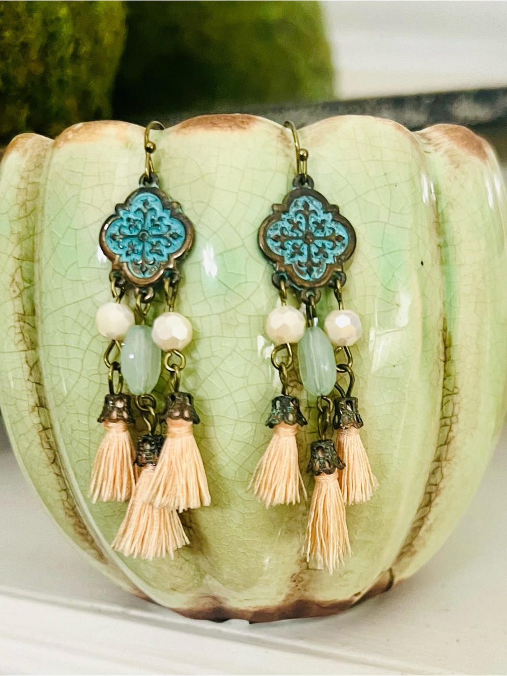 Boho Tassel Drop Earrings with Peach Tassels and Turquoise Accents
